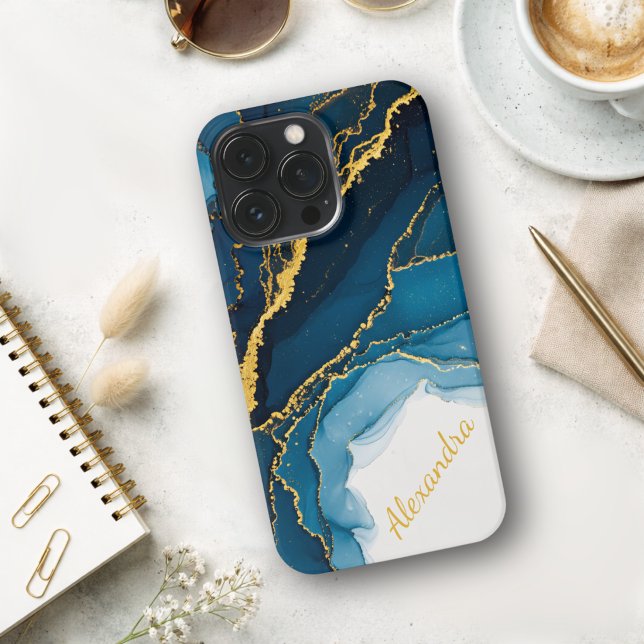Shades Of Blue With Gold Alcohol Ink  iPhone Case (Creator Uploaded)