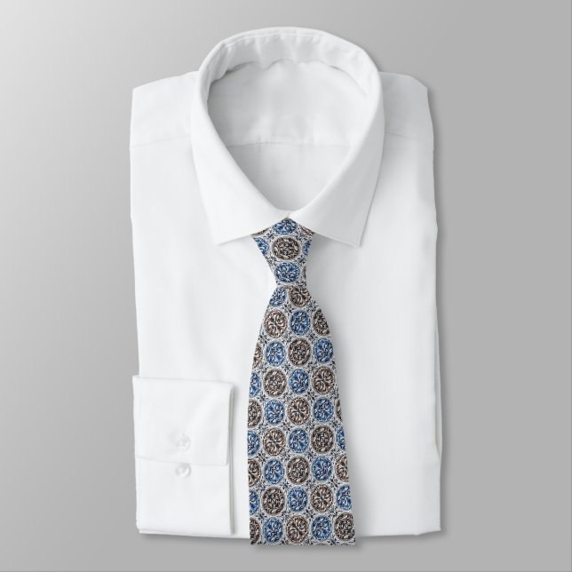 Shades of Blues, Browns & White Art Deco Pattern	 Neck Tie (Tied)