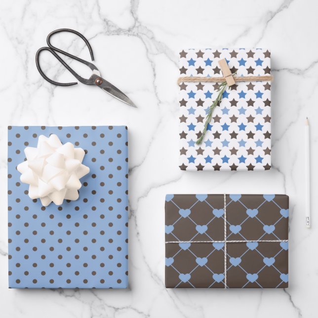 SHADES OF BROWN & BLUE PATTERNS WRAPPING PAPER SHEETS (Front)