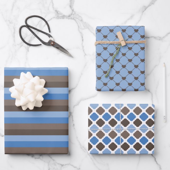 SHADES OF BROWN & BLUE PATTERNS WRAPPING PAPER SHEETS (Front)
