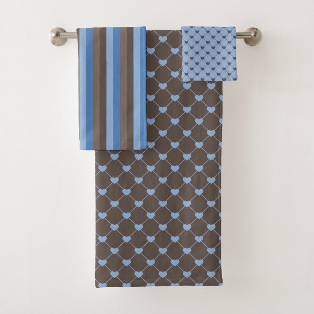 SHADES OF BROWN & BLUE TINY HEARTS & STRIPES BATH TOWEL SET (Insitu)