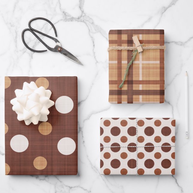 SHADES OF BROWN & WHITE POLKA DOTS & PLAIDS WRAPPING PAPER SHEETS (Front)