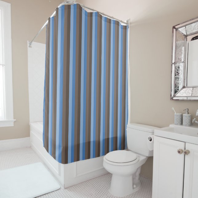 SHADES OF CHOCOLATE BROWN & BLUE STRIPES SHOWER CURTAIN (In Situ)
