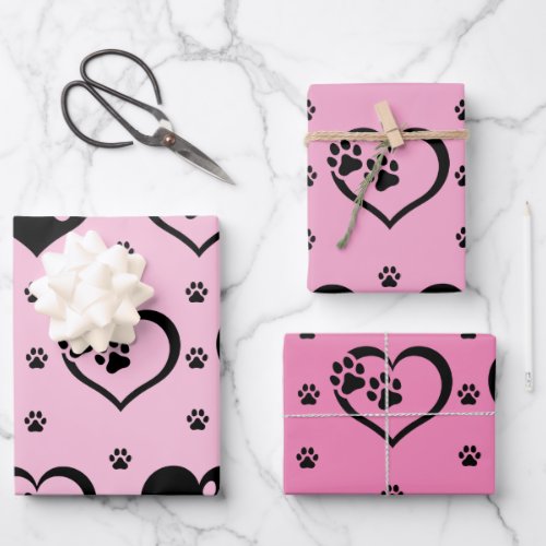 Shades of Complementary Pink Paw Hearts Wrapping Paper Sheets