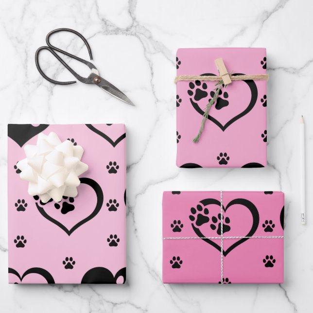 Shades of Complementary Pink Paw Hearts Wrapping Paper Sheets (Front)