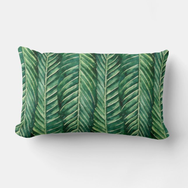 Shades of DarkGreen Botanical Tropical Palm Leaves Lumbar Pillow (Front)