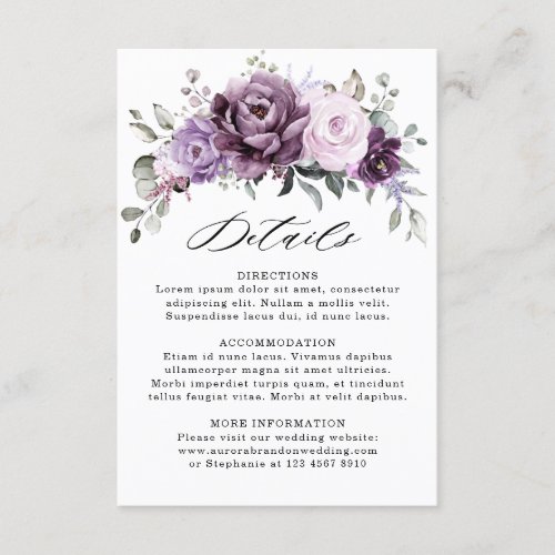Shades of Dusty Purple Bloom Floral Wedding Detail Enclosure Card