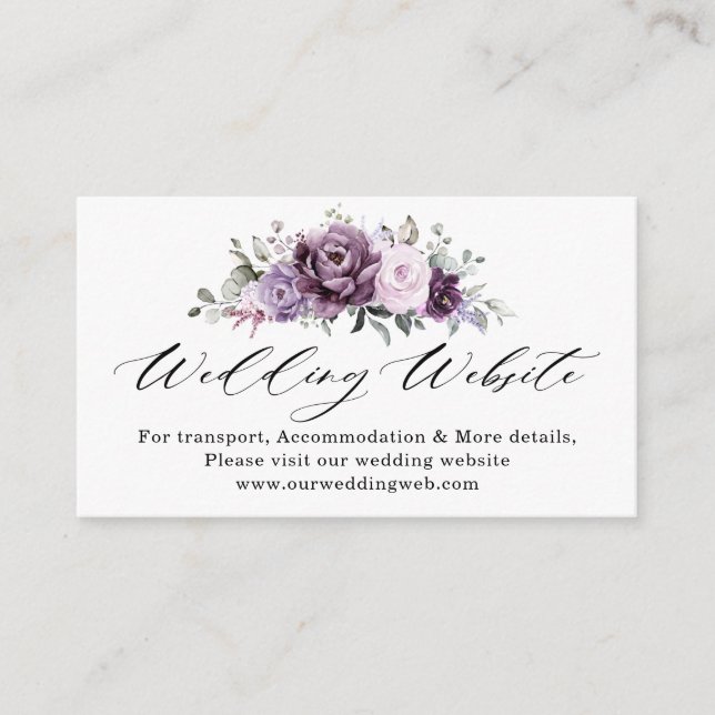 Shades of Dusty Purple Bloom Moody Wedding Website Enclosure Card (Front)