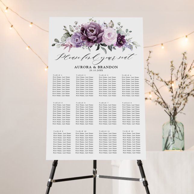 Shades of Dusty Purple Bloom Wedding Seatibg Chart Foam Board (In Situ (Stand))