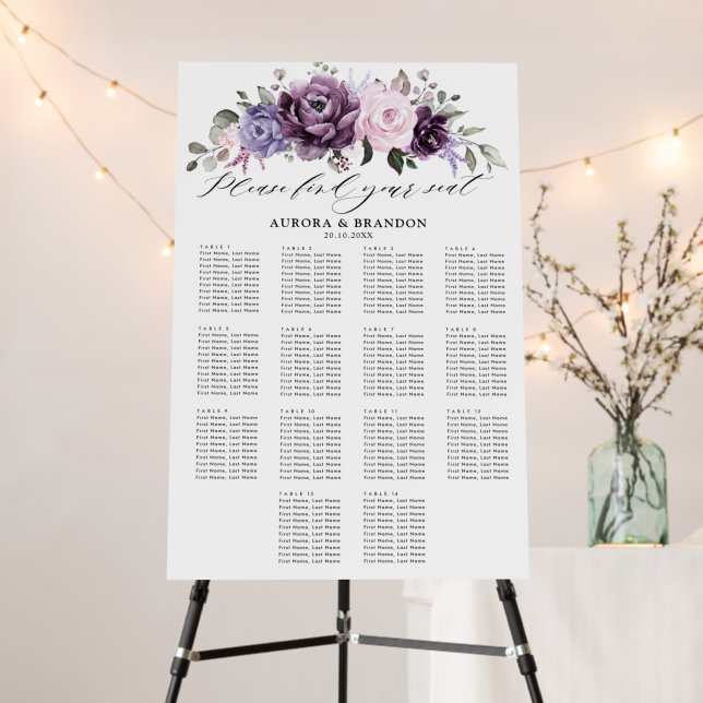 Shades of Dusty Purple Bloom Wedding Seatibg Chart Foam Board (In Situ (Stand))