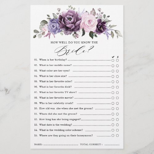 Shades of Dusty Purple Blooms Bridal Shower Game