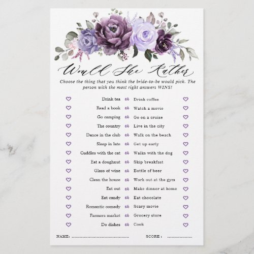 Shades of Dusty Purple Blooms Bridal Shower Game