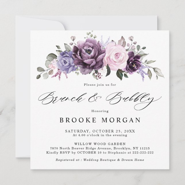 Shades of Dusty Purple Blooms Brunch and Bubbly Invitation (Front)