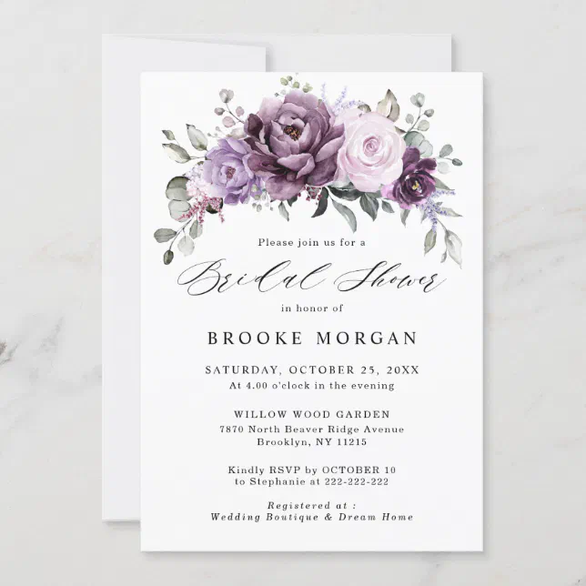 Shades of Dusty Purple Blooms Floral Bridal Shower Invitation | Zazzle