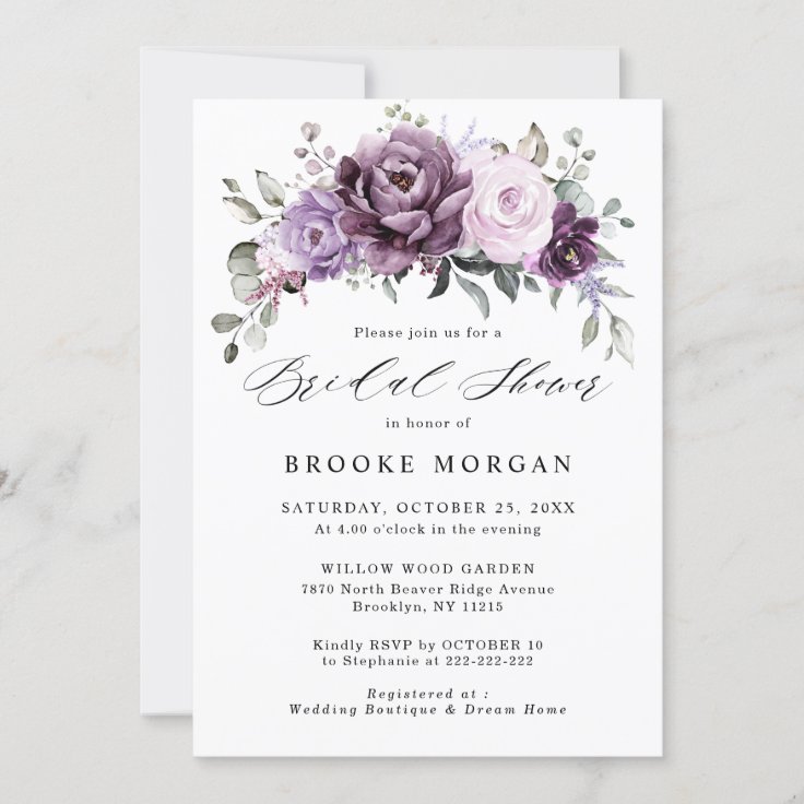 Shades of Dusty Purple Blooms Floral Bridal Shower Invitation | Zazzle