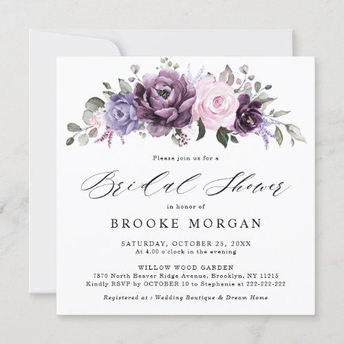 Shades of Dusty Purple Blooms Floral Bridal Shower Invitation