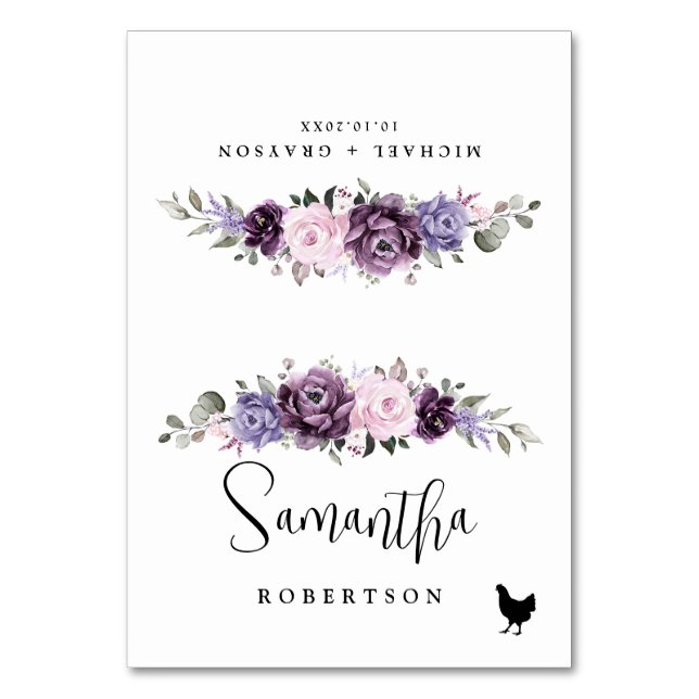 Shades of Dusty Purple Blooms Floral Guest Name Table Number (Front)