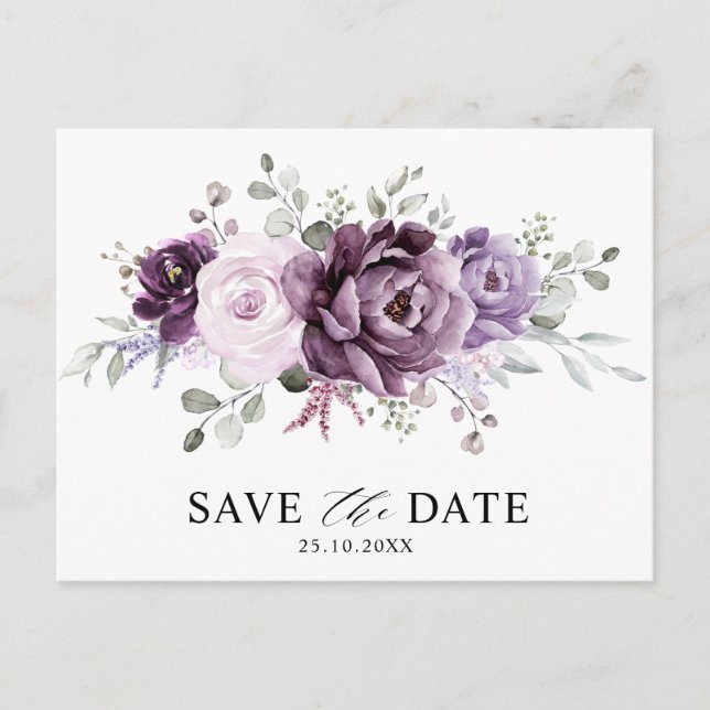 Shades of Dusty Purple Blooms Floral Save the Date Postcard (Front)