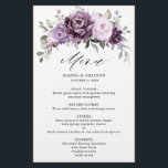 Shades of Dusty Purple Blooms Floral Wedding Menu<br><div class="desc">Elegant and modern floral midsummer wedding menu features a bouquet of watercolor roses peonies in shades of purple plum, dusty rose, dusty pink , mauve, sage with lush green botanical leaves and eucalyptus. Please find more matching designs and variations from my "blissweddingpaperie" store. And feel free to contact me for...</div>