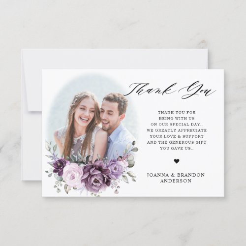 Shades of Dusty Purple Blooms Floral Wedding Photo Thank You Card