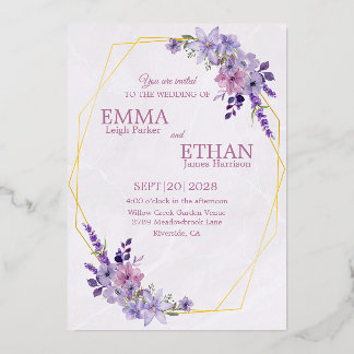 Shades of Dusty Purple Blooms Geometric Wedding  Foil Invitation