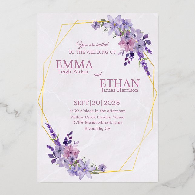 Shades of Dusty Purple Blooms Geometric Wedding  Foil Invitation (Front)