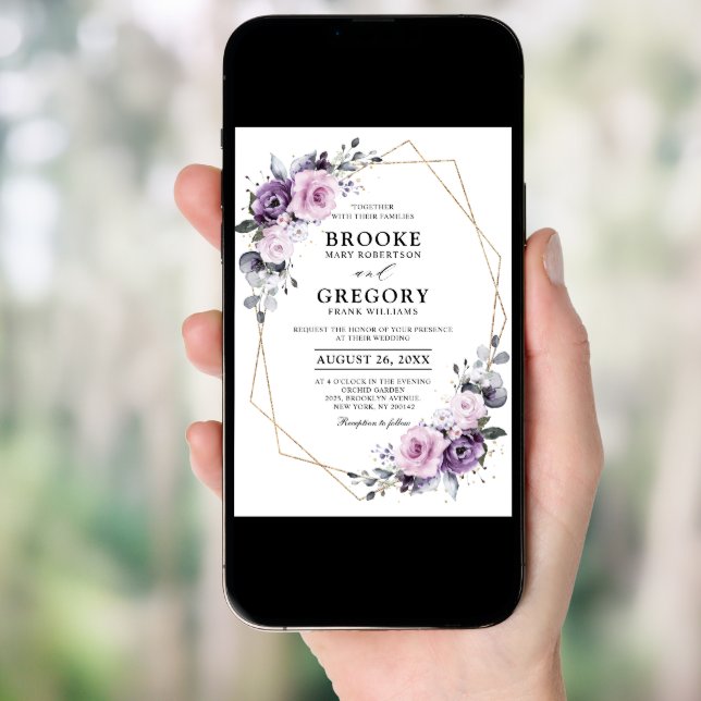 Shades of Dusty Purple Blooms Geometric Wedding Invitation (Front Digital)