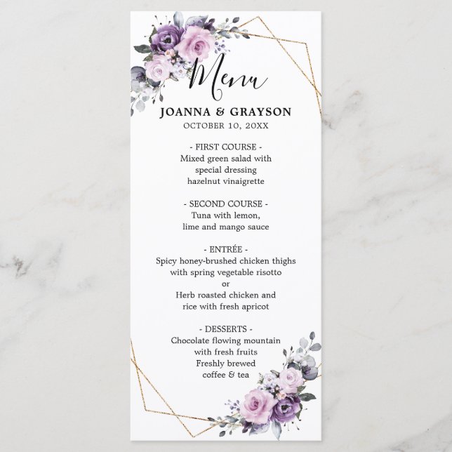 Shades of Dusty Purple Blooms Geometric Wedding Menu (Front)
