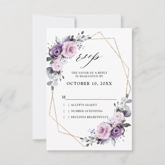 Shades of Dusty Purple Blooms Geometric Wedding RSVP Card (Front)