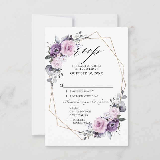 Shades of Dusty Purple Blooms Geometric Wedding RSVP Card (Front)