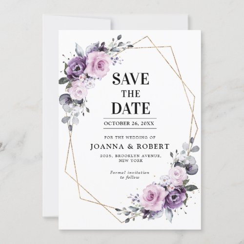 Shades of Dusty Purple Blooms Geometric Wedding Sa Save The Date
