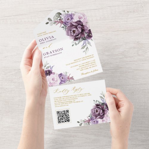 Shades of Dusty Purple Blooms Gold Floral Wedding All In One Invitation