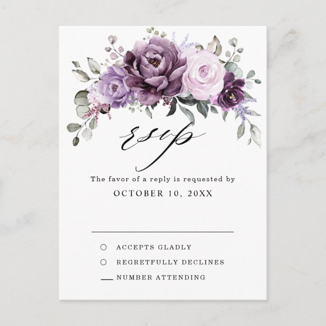 Shades of Dusty Purple Blooms Moody Floral RSVP Postcard (Front)