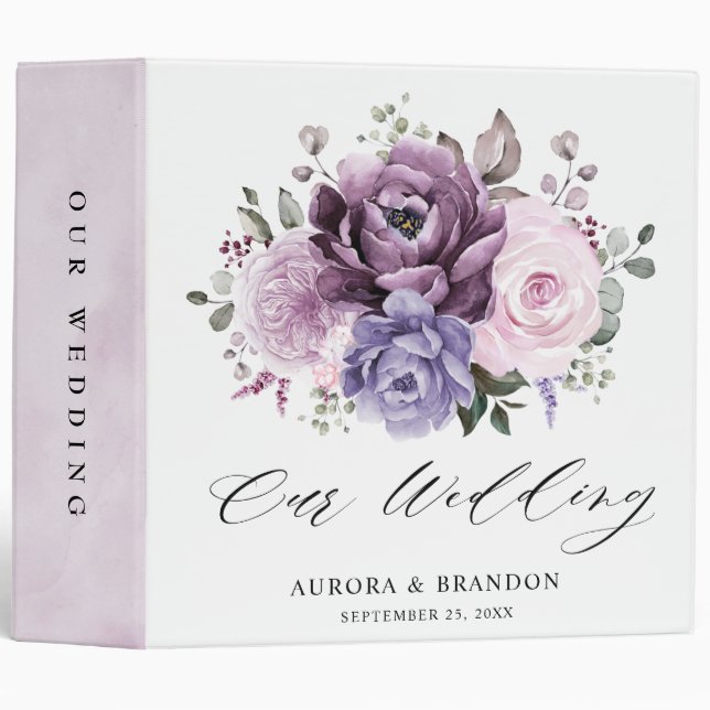 Shades of Dusty Purple Blooms Moody Floral Wedding 3 Ring Binder (Front/Spine)