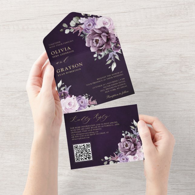 Shades of Dusty Purple Blooms Moody Floral Wedding All In One Invitation (Tearaway)