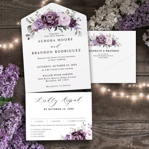 Shades of Dusty Purple Blooms Moody Floral Wedding All In One Invitation