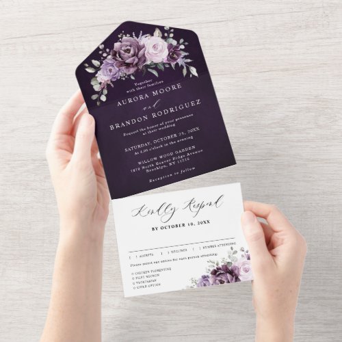 Shades of Dusty Purple Blooms Moody Floral Wedding All In One Invitation