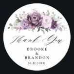 Shades of Dusty Purple Blooms Moody Floral Wedding Classic Round Sticker<br><div class="desc">Elegant and modern floral midsummer wedding thank you favor box label features a bouquet of watercolor roses peonies in shades of purple plum, dusty rose, dusty pink , mauve, sage with lush green botanical leaves and eucalyptus. Please find more matching designs and variations from my "blissweddingpaperie" store. And feel free...</div>