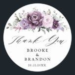 Shades of Dusty Purple Blooms Moody Floral Wedding Classic Round Sticker<br><div class="desc">Elegant and modern floral midsummer wedding thank you favor box label features a bouquet of watercolor roses peonies in shades of purple plum, dusty rose, dusty pink , mauve, sage with lush green botanical leaves and eucalyptus. Please find more matching designs and variations from my "blissweddingpaperie" store. And feel free...</div>