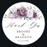 Shades of Dusty Purple Blooms Moody Floral Wedding Classic Round Sticker<br><div class="desc">Elegant and modern floral midsummer wedding thank you favor box label features a bouquet of watercolor roses peonies in shades of purple plum, dusty rose, dusty pink , mauve, sage with lush green botanical leaves and eucalyptus. Please find more matching designs and variations from my "blissweddingpaperie" store. And feel free...</div>