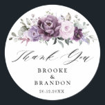 Shades of Dusty Purple Blooms Moody Floral Wedding Classic Round Sticker<br><div class="desc">Elegant and modern floral midsummer wedding thank you favor box label features a bouquet of watercolor roses peonies in shades of purple plum, dusty rose, dusty pink , mauve, sage with lush green botanical leaves and eucalyptus. Please find more matching designs and variations from my "blissweddingpaperie" store. And feel free...</div>