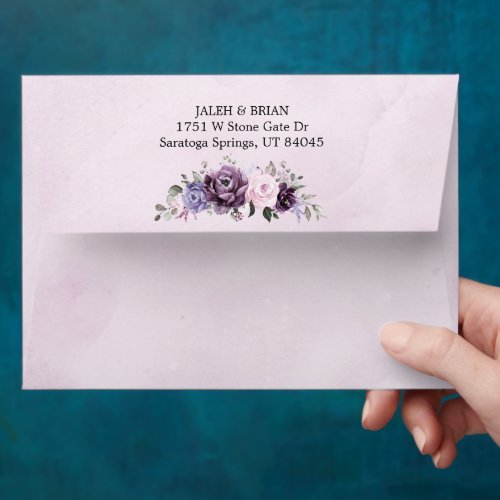 Shades of Dusty Purple Blooms Moody Floral Wedding Envelope