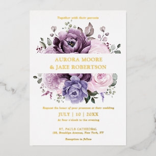 Shades of Dusty Purple Blooms Moody Floral Wedding Foil Invitation