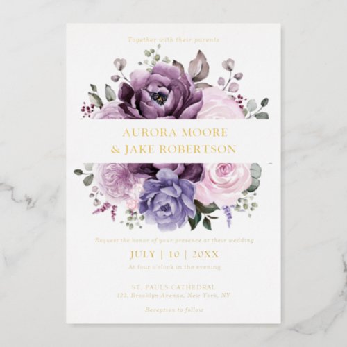 Shades of Dusty Purple Blooms Moody Floral Wedding Foil Invitation