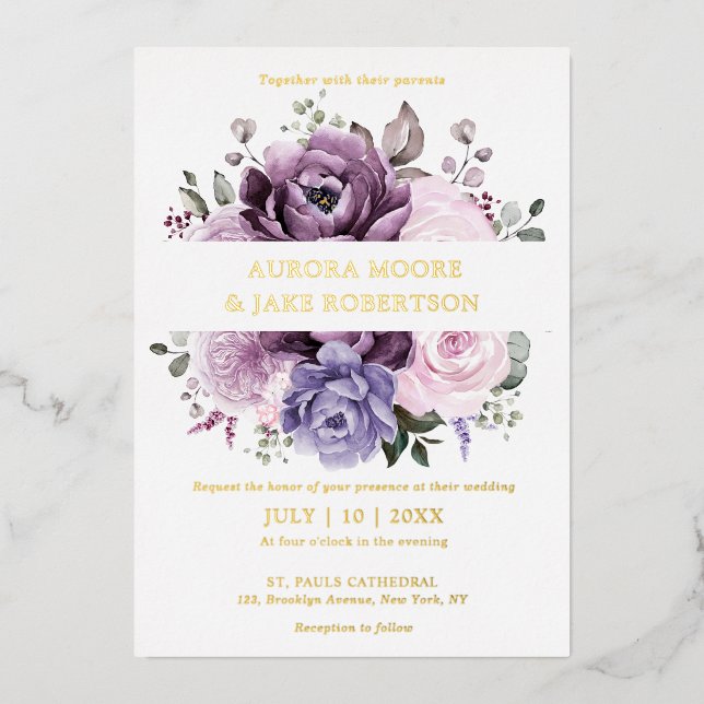 Shades of Dusty Purple Blooms Moody Floral Wedding Foil Invitation (Front)