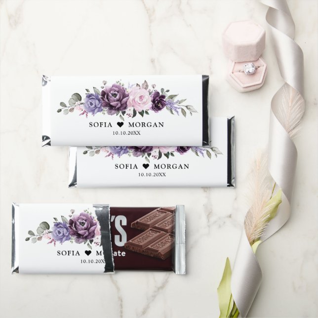 Shades of Dusty Purple Blooms Moody Floral Wedding Hershey Bar Favors (Front)