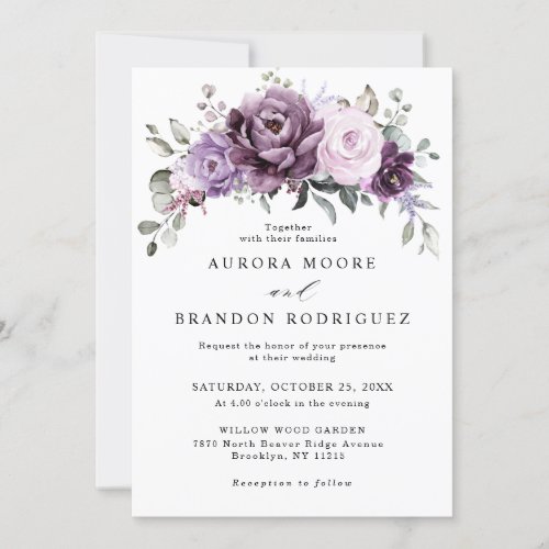 Shades of Dusty Purple Blooms Moody Floral Wedding Invitation