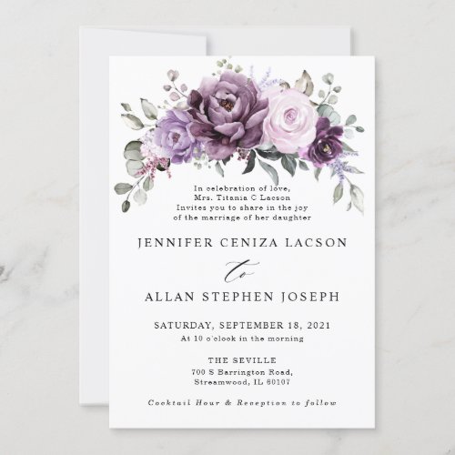 Shades of Dusty Purple Blooms Moody Floral Wedding Invitation