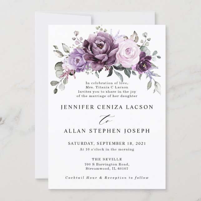 Shades of Dusty Purple Blooms Moody Floral Wedding Invitation (Front)