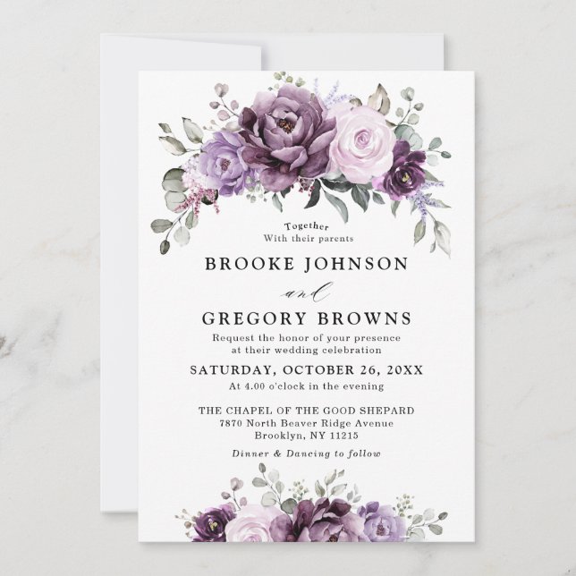 Shades of Dusty Purple Blooms Moody Floral Wedding Invitation (Front)